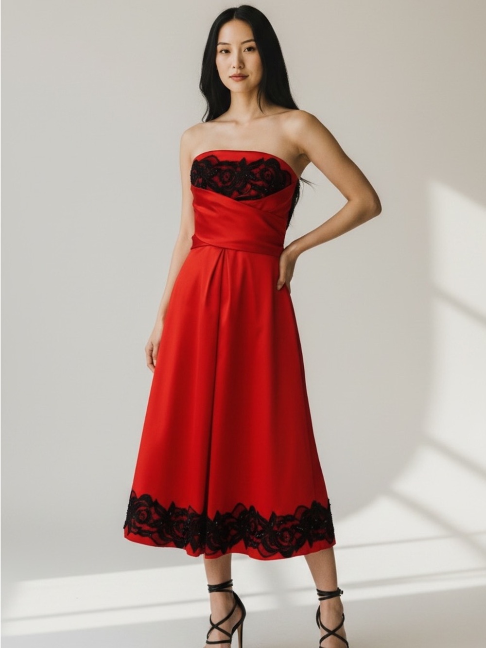 Donna Ricco Coquette Strapless Red Cocktail Dress Black Lace Trim Flared Sz 8